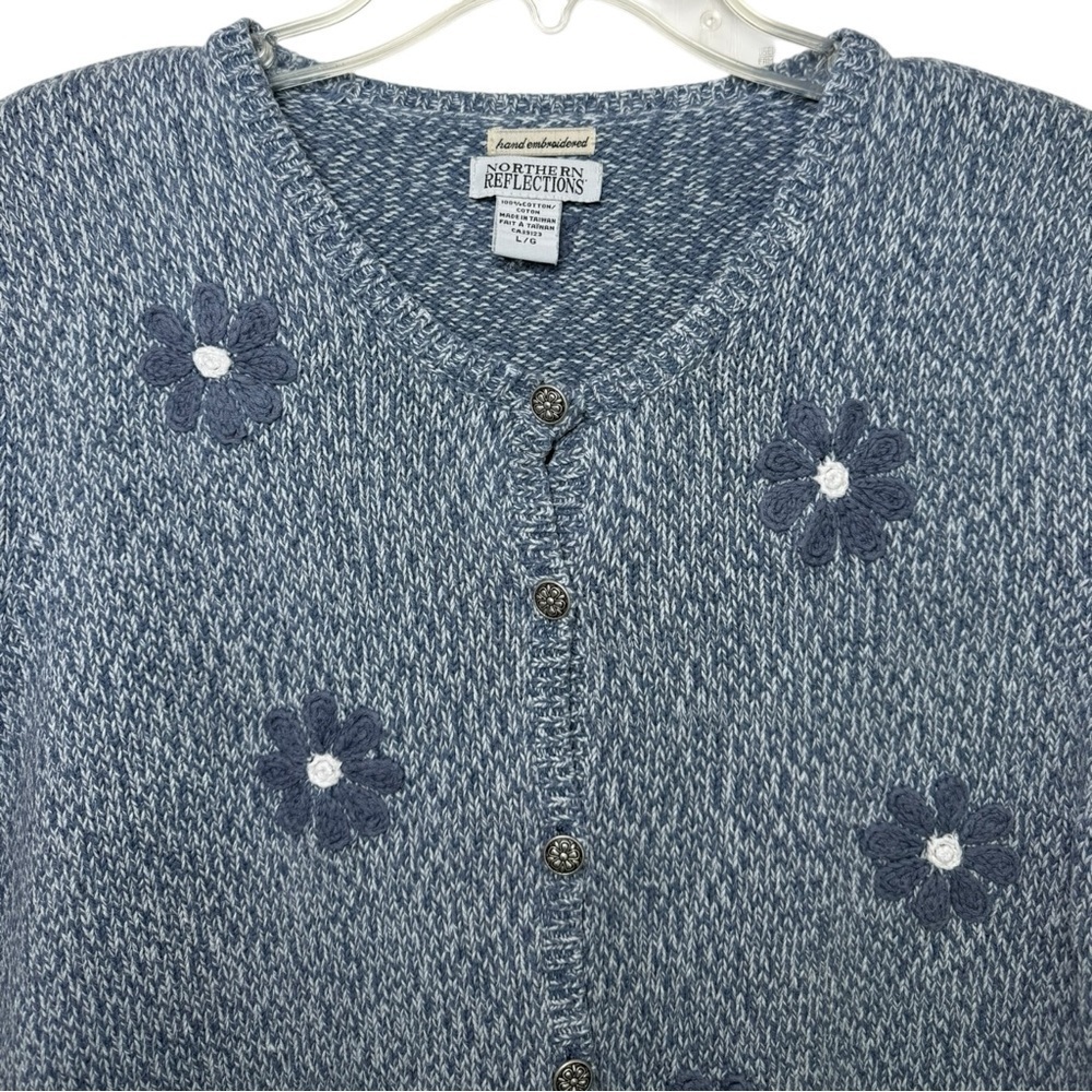 Vtg 90s Hand Embroidered Floral Short Sleeve Knit Sweater Top Size Large Blue - Picture 5 of 8